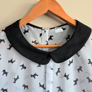 Peter Pan Collar Grey Dogs Pattern Blouse Short Sleeve Top